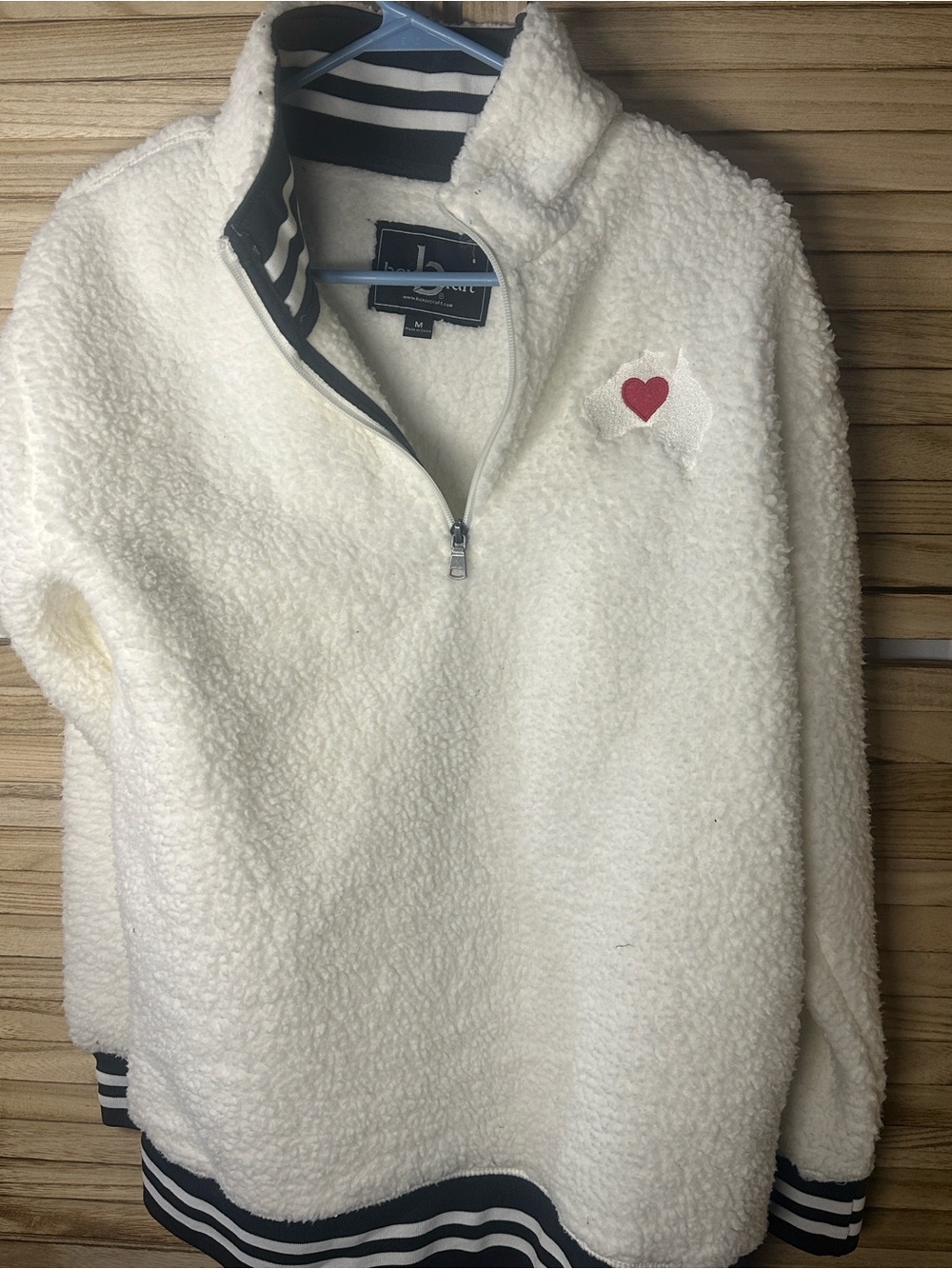 boxercraft White Sherpa Quarter-Zip Pullover with Red Heart